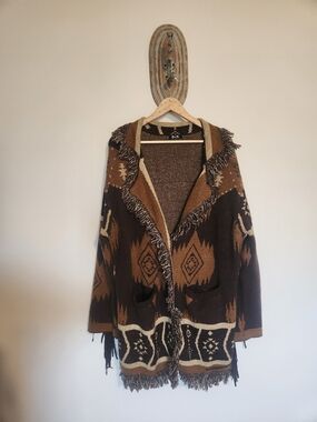 Miss Me Brown Tan Fringe Knit Aztec Cardigan